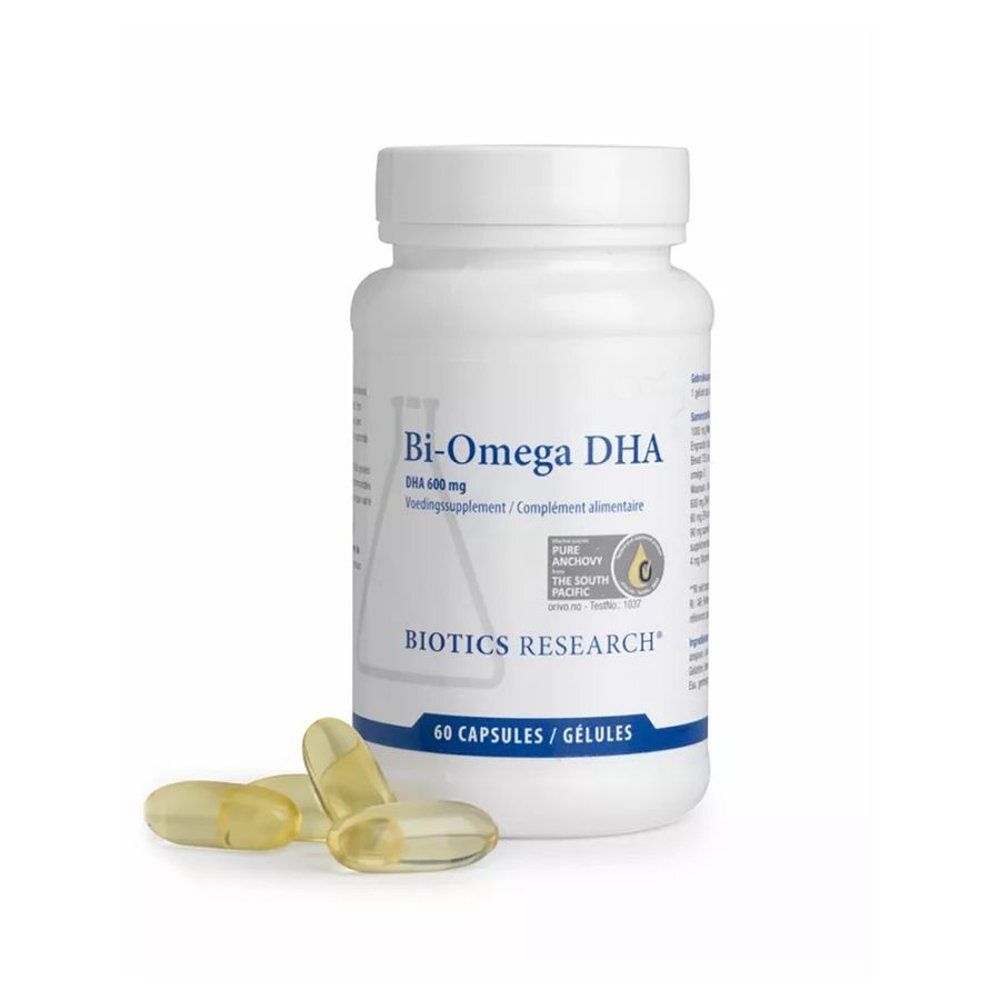 Bouteille Bi-Omega DHA mettant l'accent sur l'étiquette et le nombre de capsules.