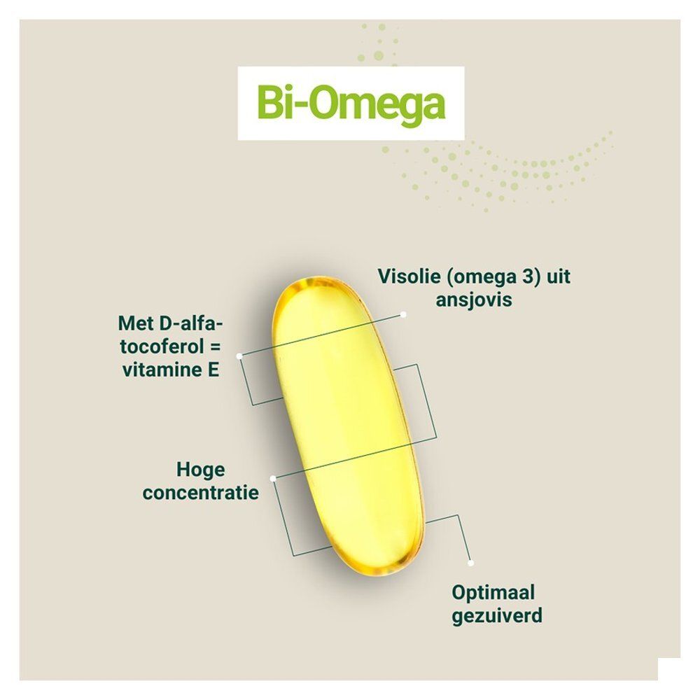 Bouteille Bi-Omega DHA mettant l'accent sur l'étiquette et le nombre de capsules.