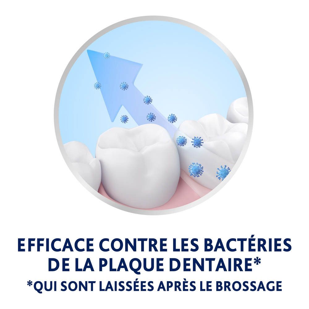 Illustration : bactéries retirées des dents. Texte : Efficace contre les bactéries de la plaque dentaire.
