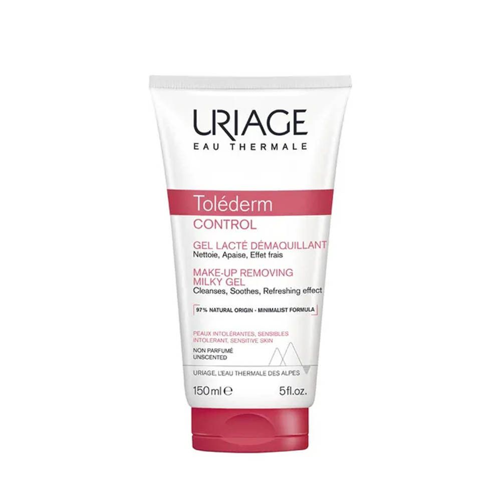 Tube blanc avec texte rouge. URIAGE, Toléderm Control, gel nettoyant. 150ml, 5 fl.oz. Inscription: 97% d'origine naturelle.