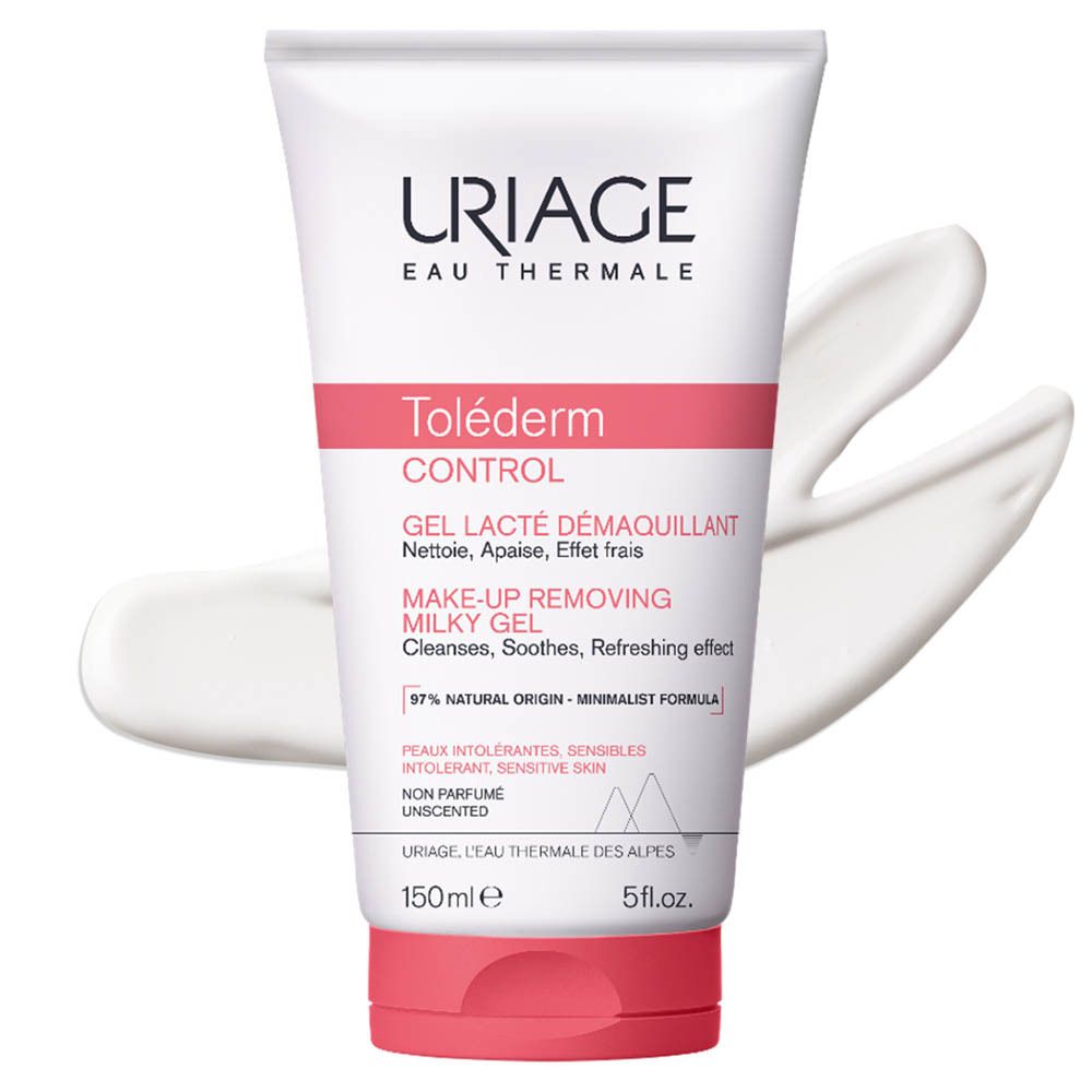 Tube blanc avec texte rouge. URIAGE, Toléderm Control, gel nettoyant. 150ml, 5 fl.oz. Inscription: 97% d'origine naturelle.