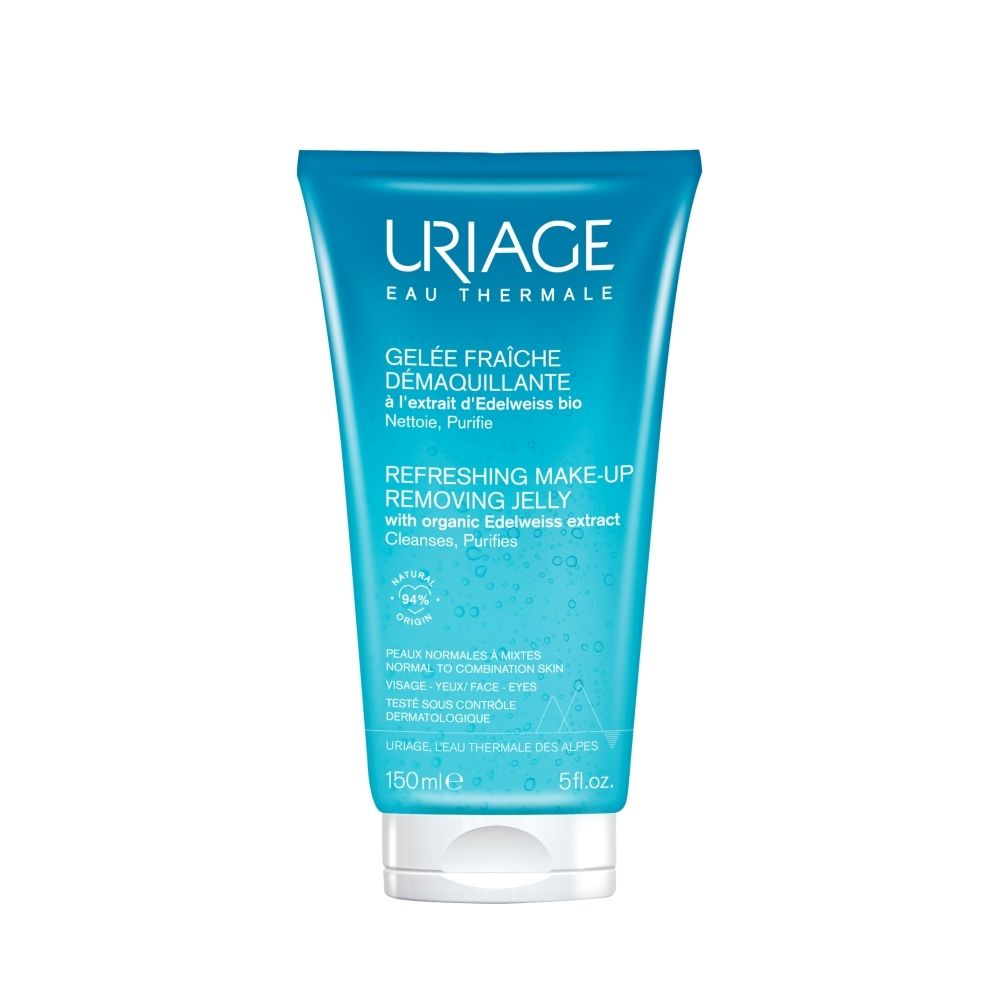 Tube bleu transparent Uriage. Texte: Gelée Fraîche Démaquillante. Contenance: 150ml.