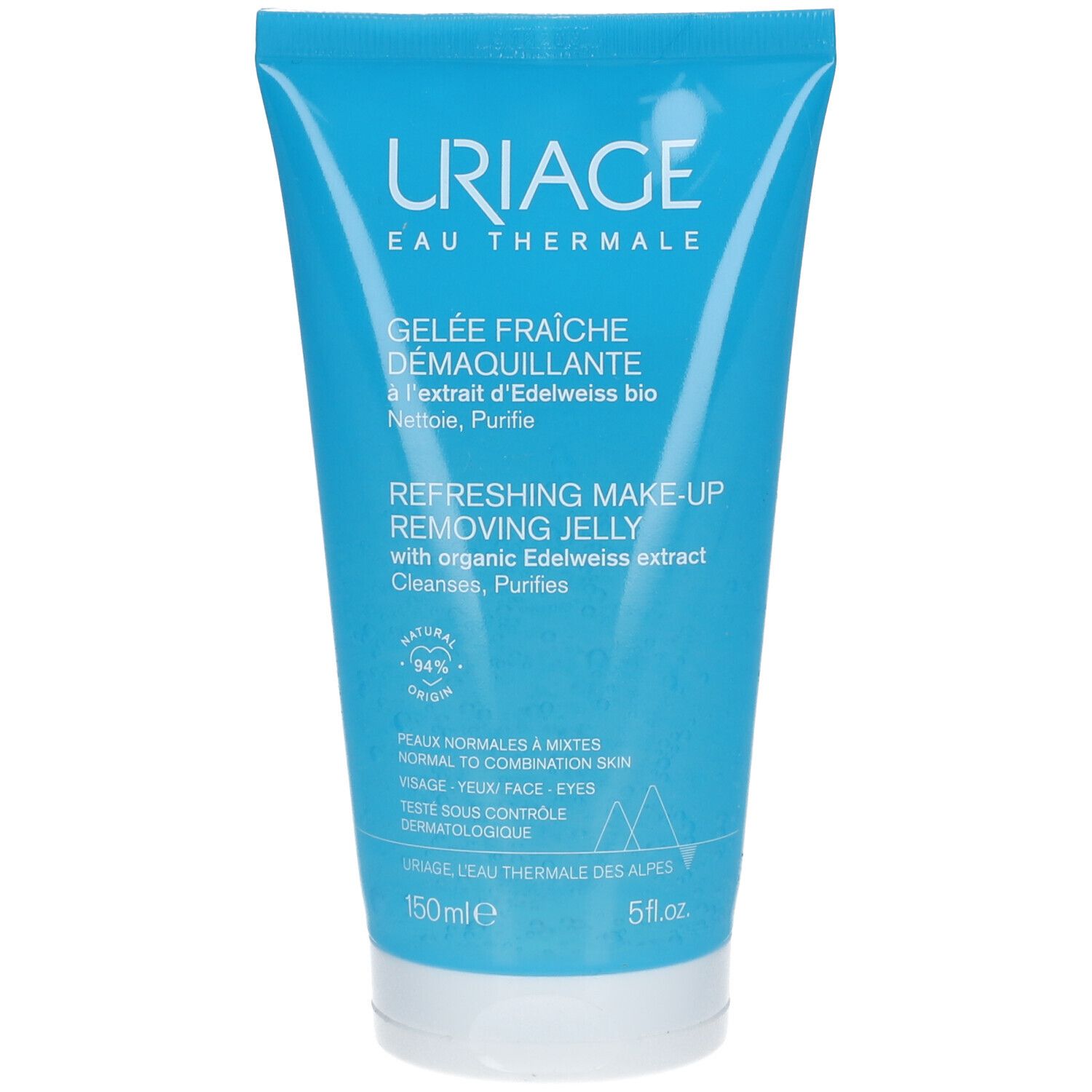 Blau-transparente Tube mit Uriage-Logo. Text: Gelée Fraîche Démaquillante. Inhalt: 150ml.