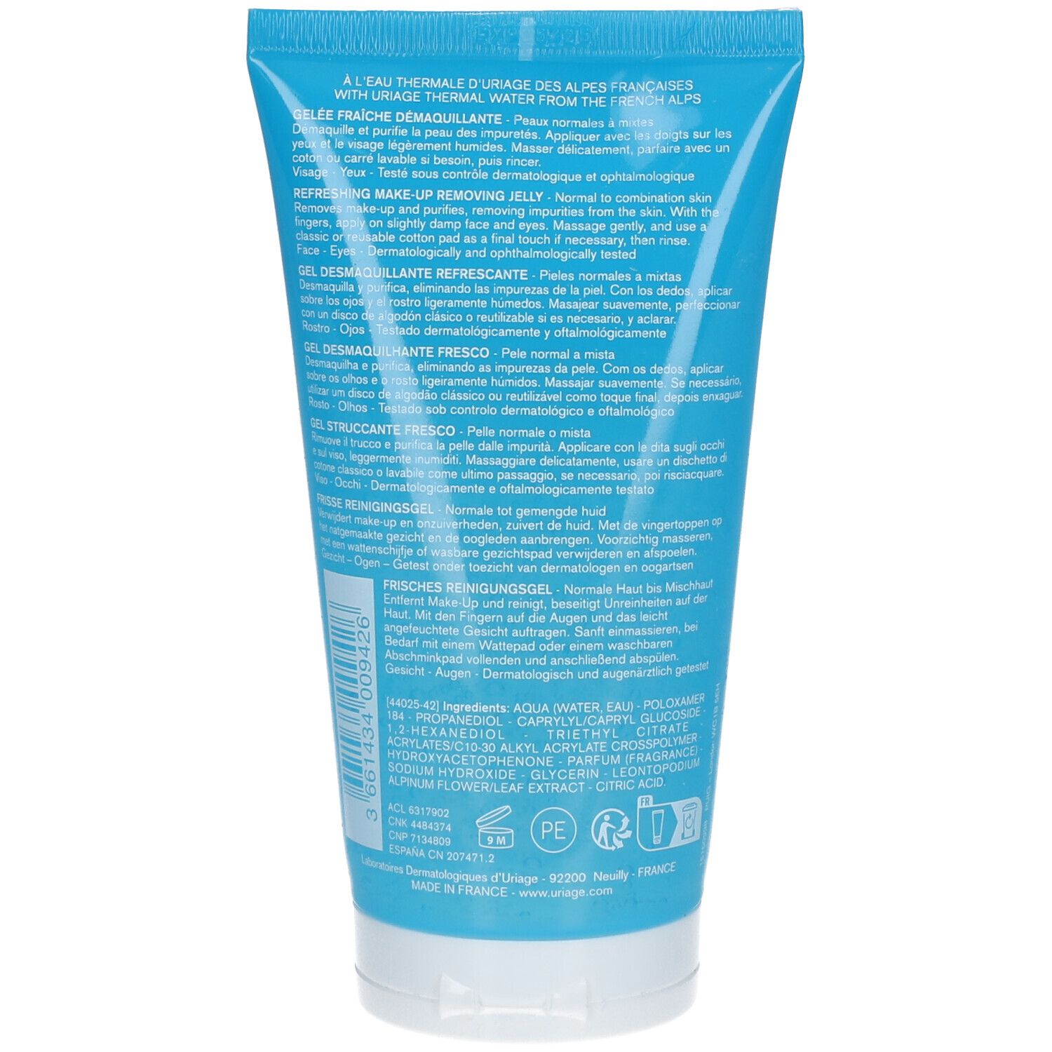 Rückseite der blauen Tube. Text in mehreren Sprachen. Dermatologisch getestet.