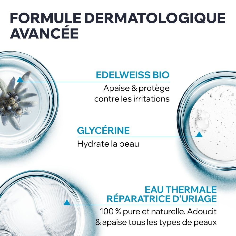 Tube bleu transparent Uriage. Texte: Gelée Fraîche Démaquillante. Produit appliqué.