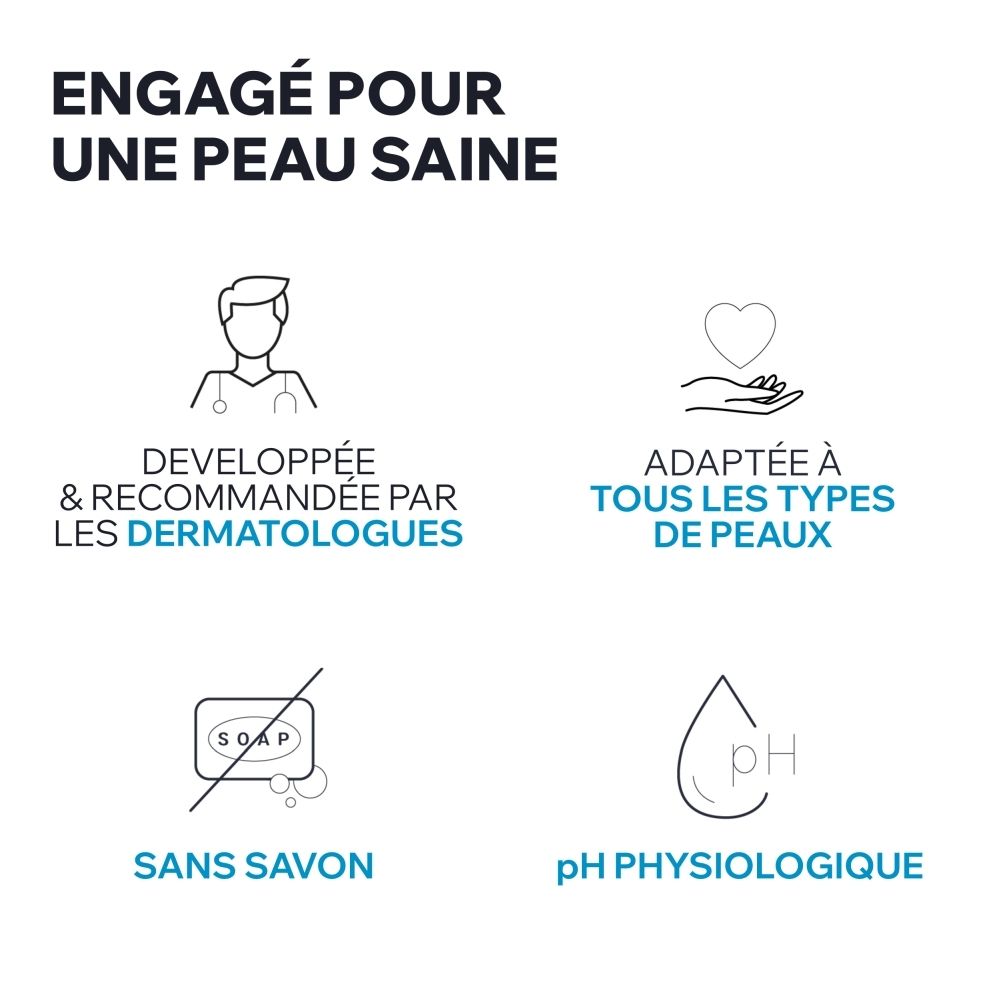 Gros plan sur un visage. Texte: Base nettoyante ultra-douce, Texture gel rafraîchissante, Sans savon, Parfum fruité et floral.