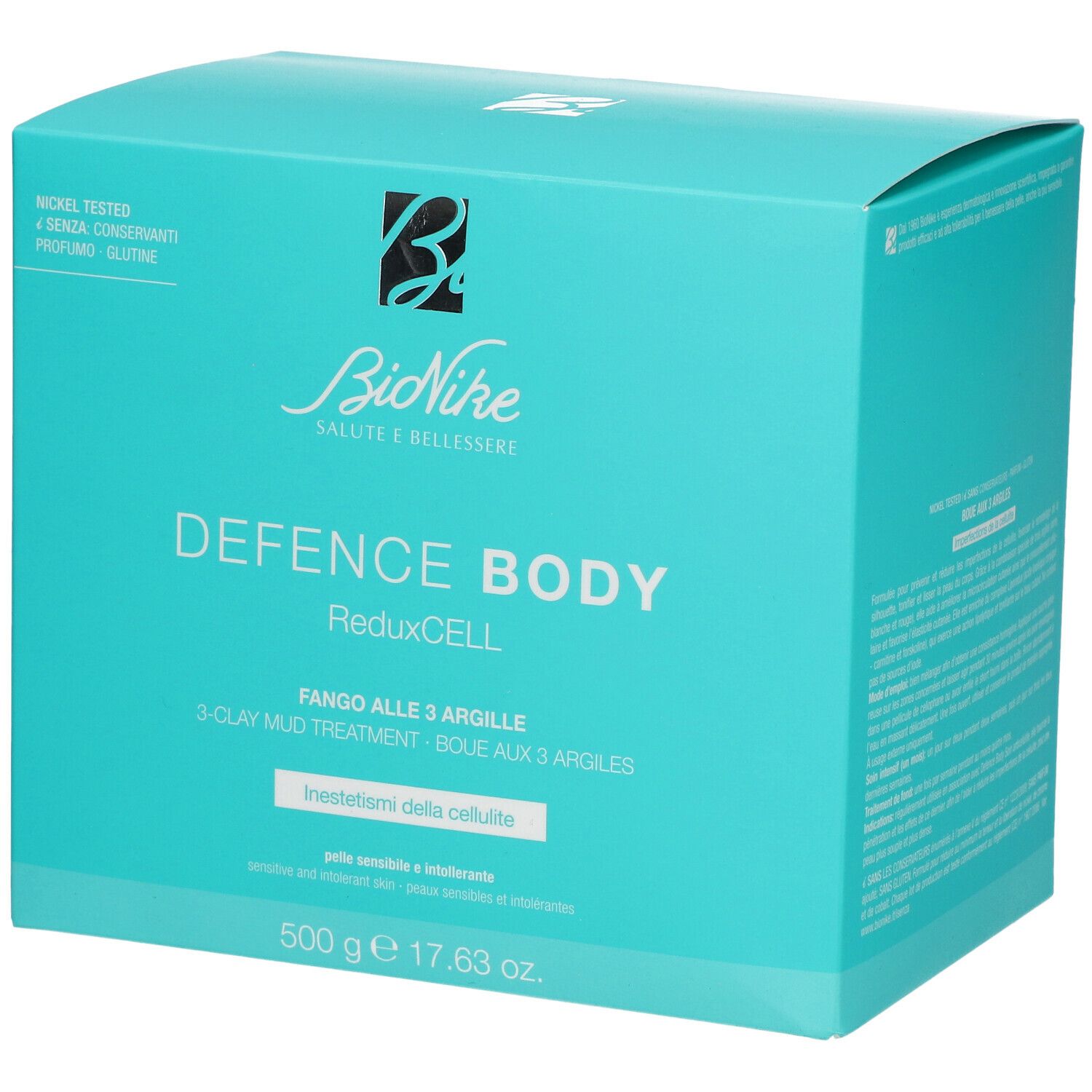 Türkisfarbene Schachtel mit Produktnamen und Logo. Text: DEFENCE BODY ReduxCELL, Fango alle 3 Argille, 500 g.