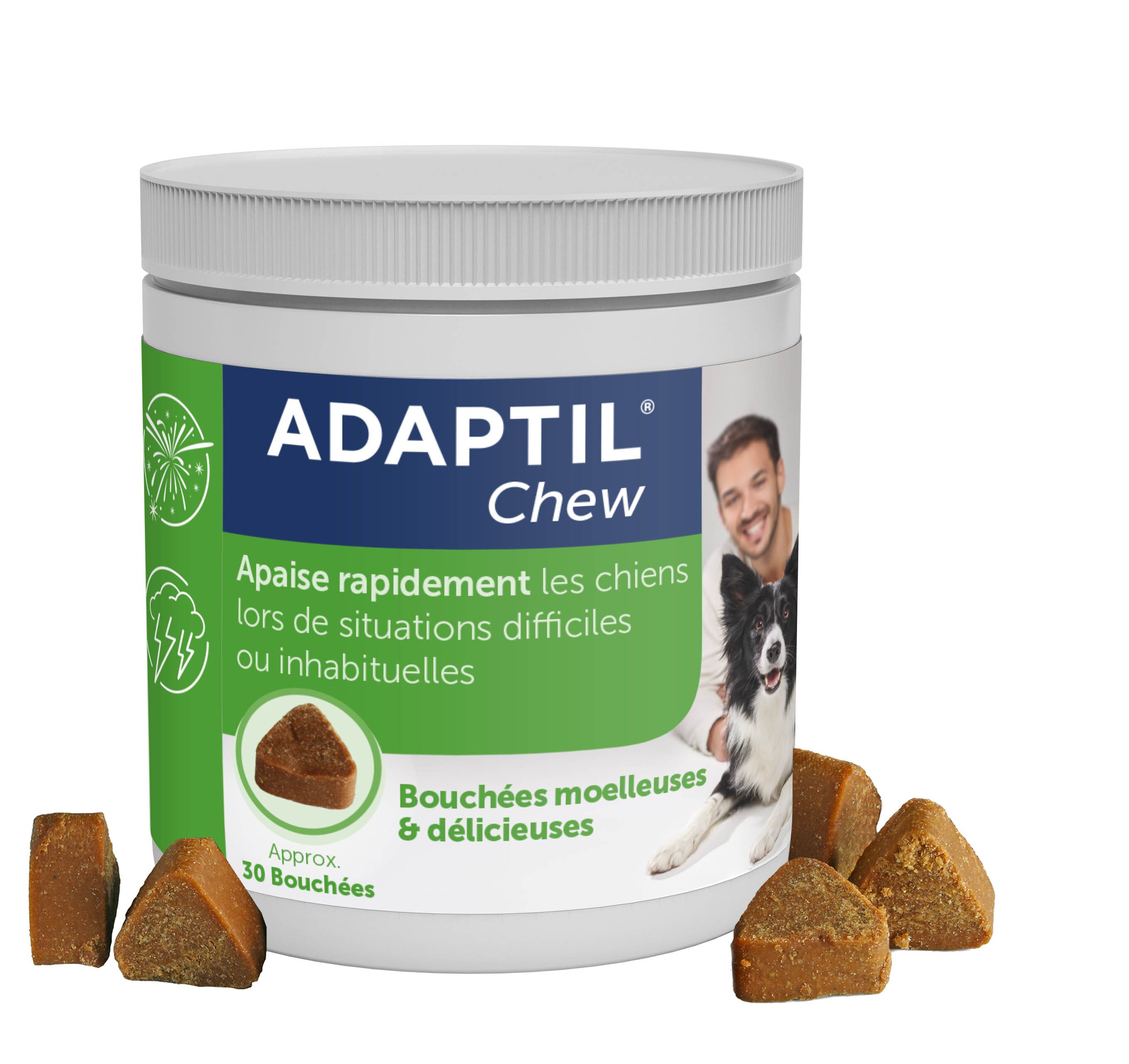 Adaptil Chew. Bouchées à croquer. Texte : Adaptil Chew. Homme et chien.