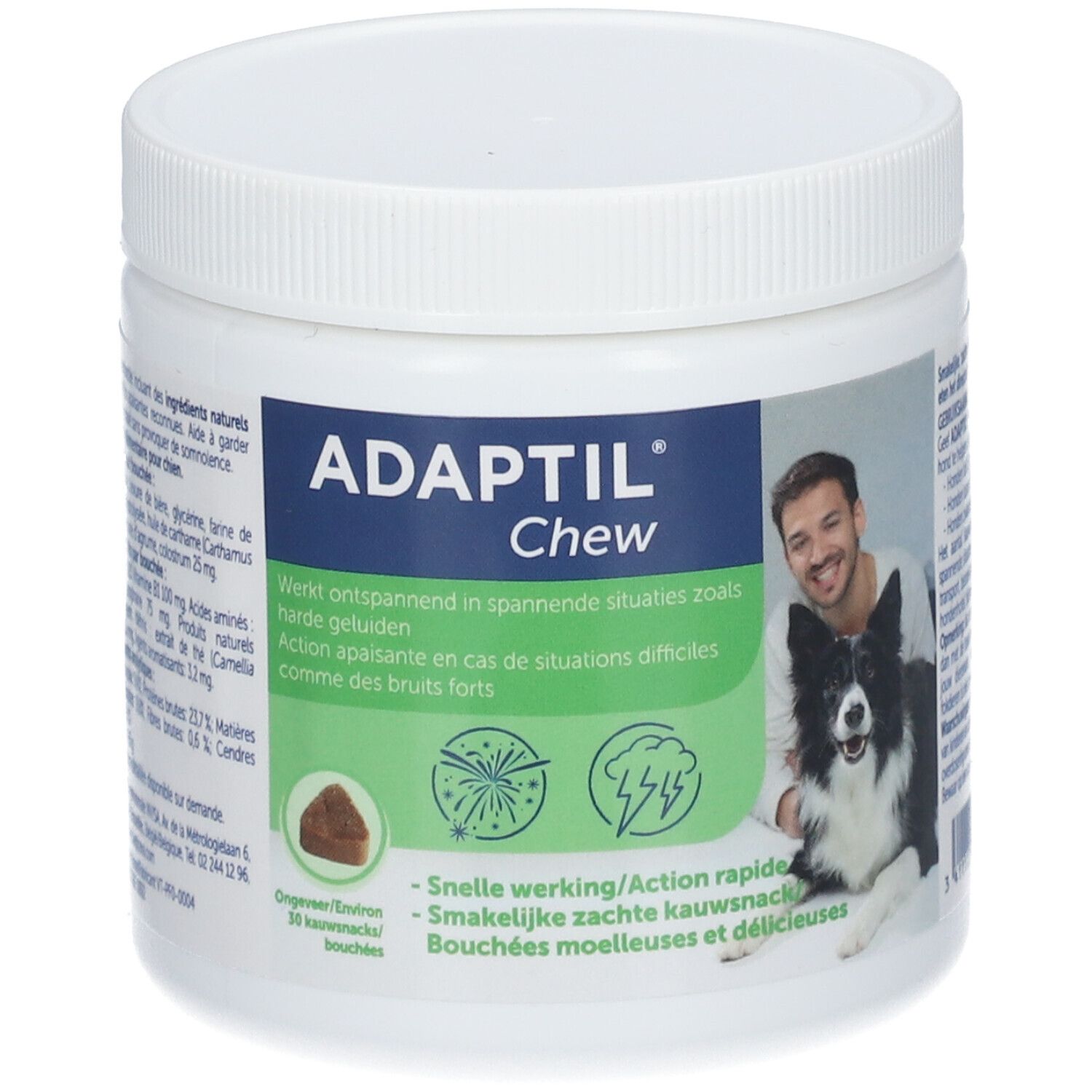 Behälter mit Adaptil Chew. Aufschrift: Adaptil Chew. Mann mit Hund. Braune Kausnacks.