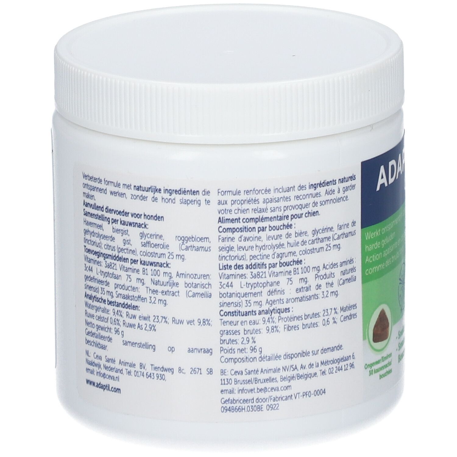 Rückseite des Behälters. Text und Inhaltsstoffe. Weißer Behälter.