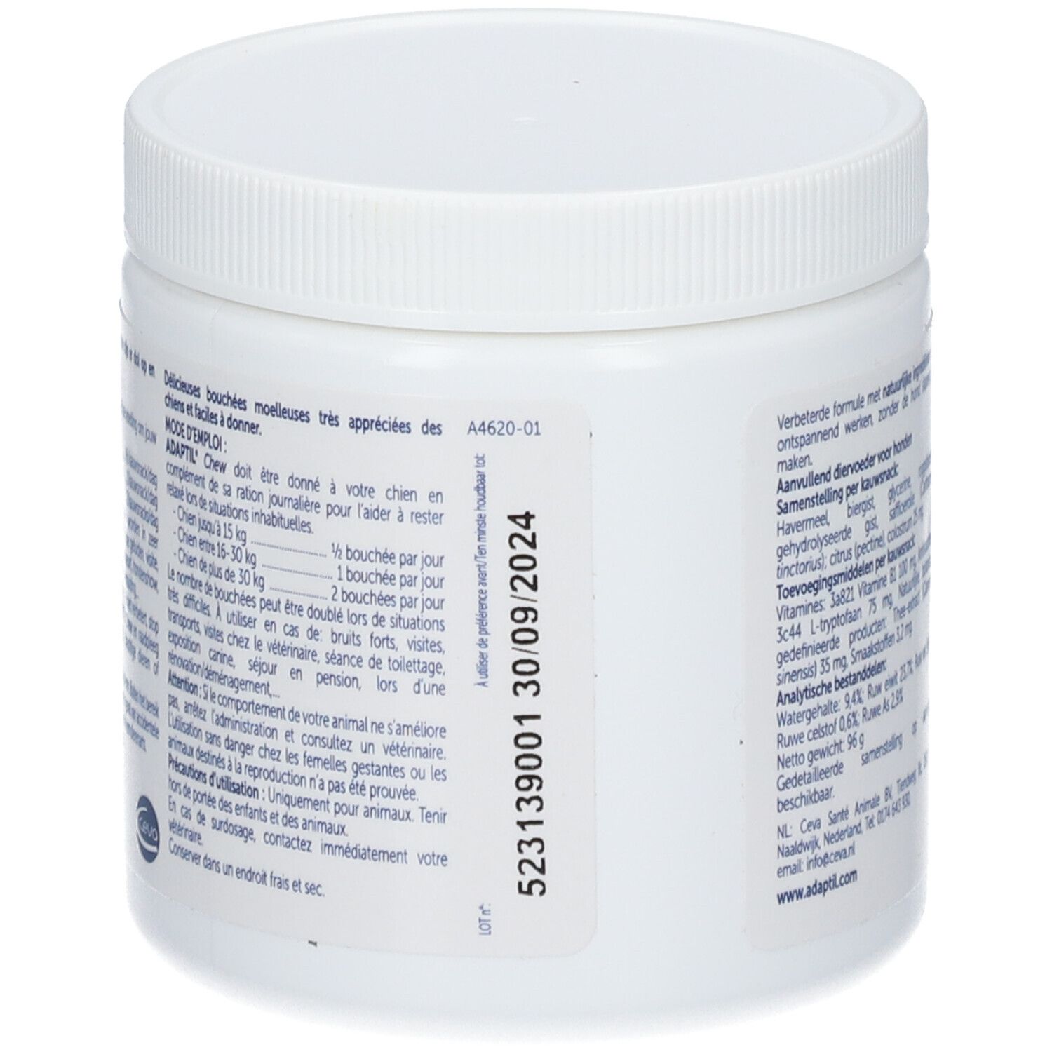 Rückseite des Behälters. Text und Verfallsdatum. Weißer Behälter.