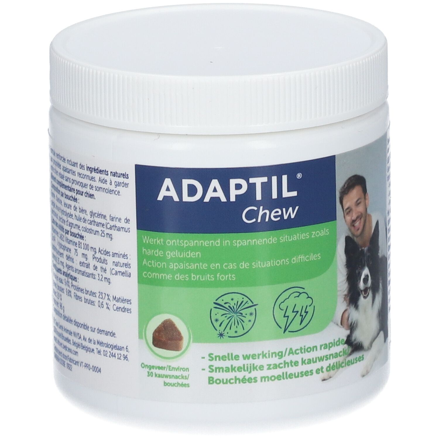Behälter mit Adaptil Chew. Aufschrift: Adaptil Chew. Mann mit Hund. Braune Kausnacks.