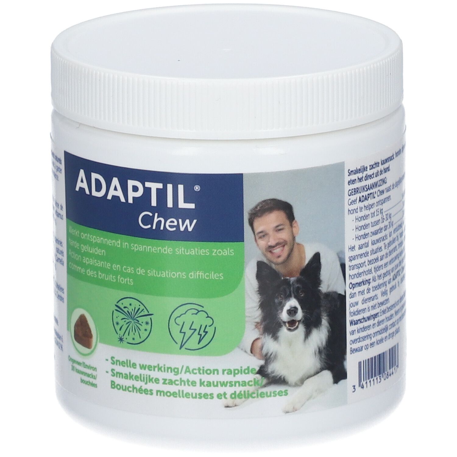 Behälter mit Adaptil Chew. Aufschrift: Adaptil Chew. Mann mit Hund. Braune Kausnacks.