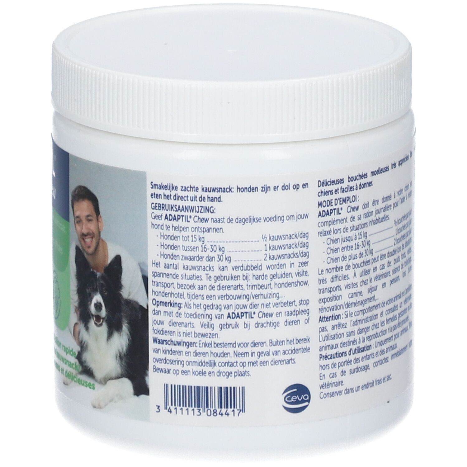 Rückseite des Behälters. Text und Anwendung. Mann mit Hund. Weißer Behälter.