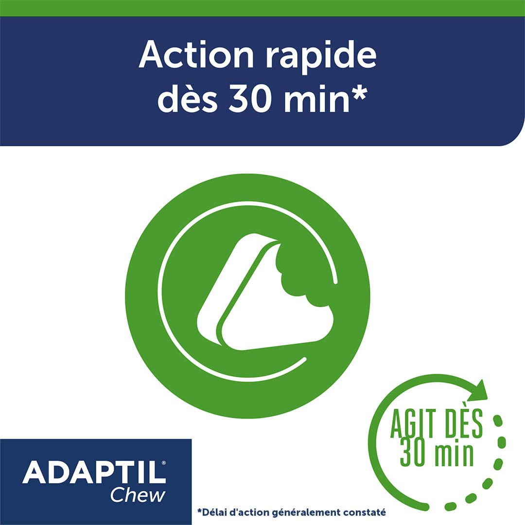 Adaptil Chew. Action rapide. Texte : Adaptil Chew. 30 minutes.