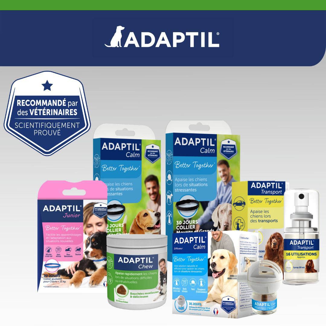 Gamme de produits Adaptil. Texte : Adaptil. Différents produits.