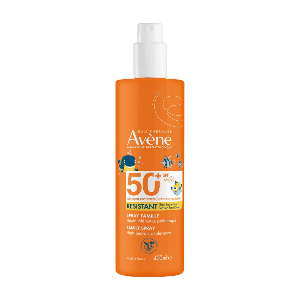 Flacon spray orange avec bouchon blanc. Texte : Avène, 50+ SPF, Spray Famille, 400ml.