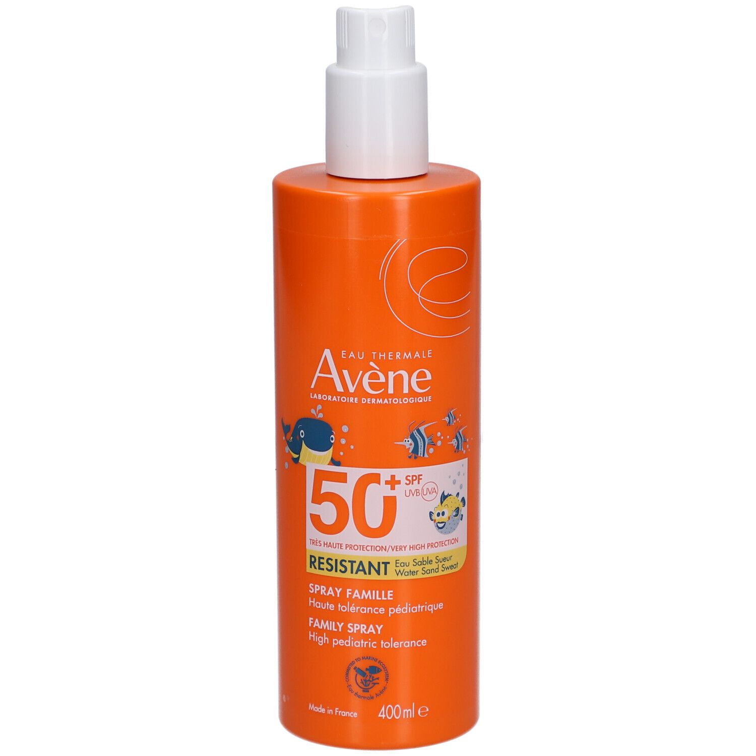 Orangefarbene Sprühflasche mit weißem Deckel. Text: Avène, 50+ SPF, Spray Famille, 400ml.