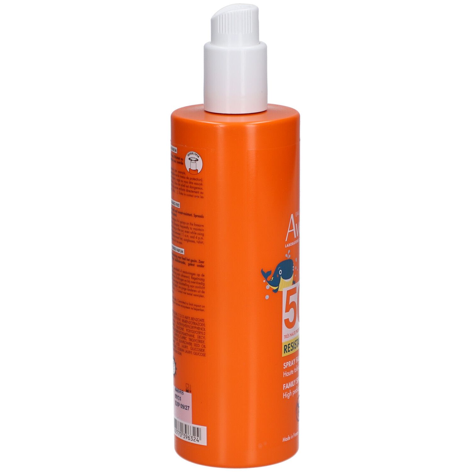 Rückseite einer orangefarbenen Sprühflasche. Text: Avène, Informationen, Barcode, Zertifizierungen.