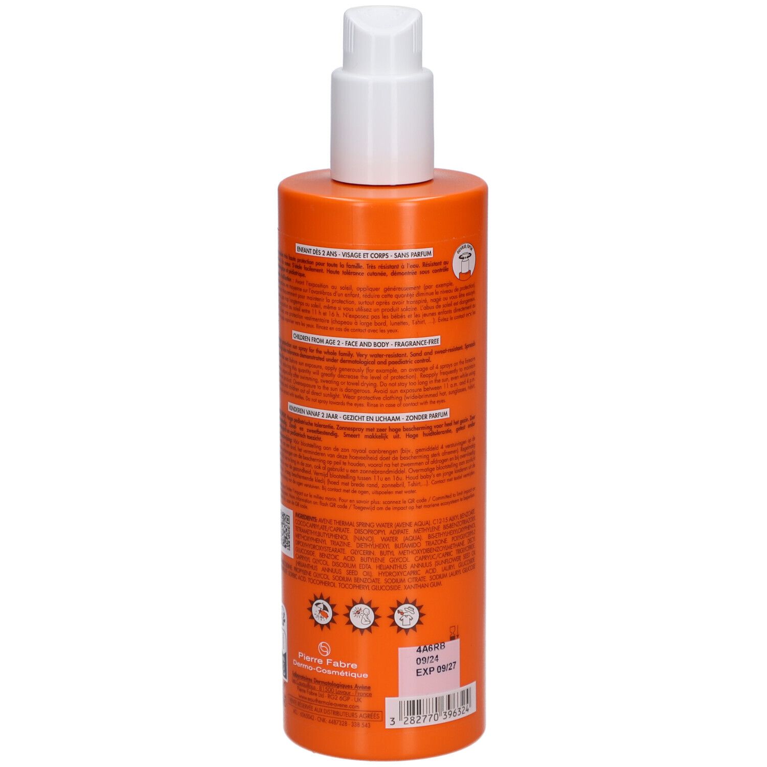 Rückseite einer orangefarbenen Sprühflasche. Text: Avène, Informationen, Barcode, Haltbarkeitsdatum.