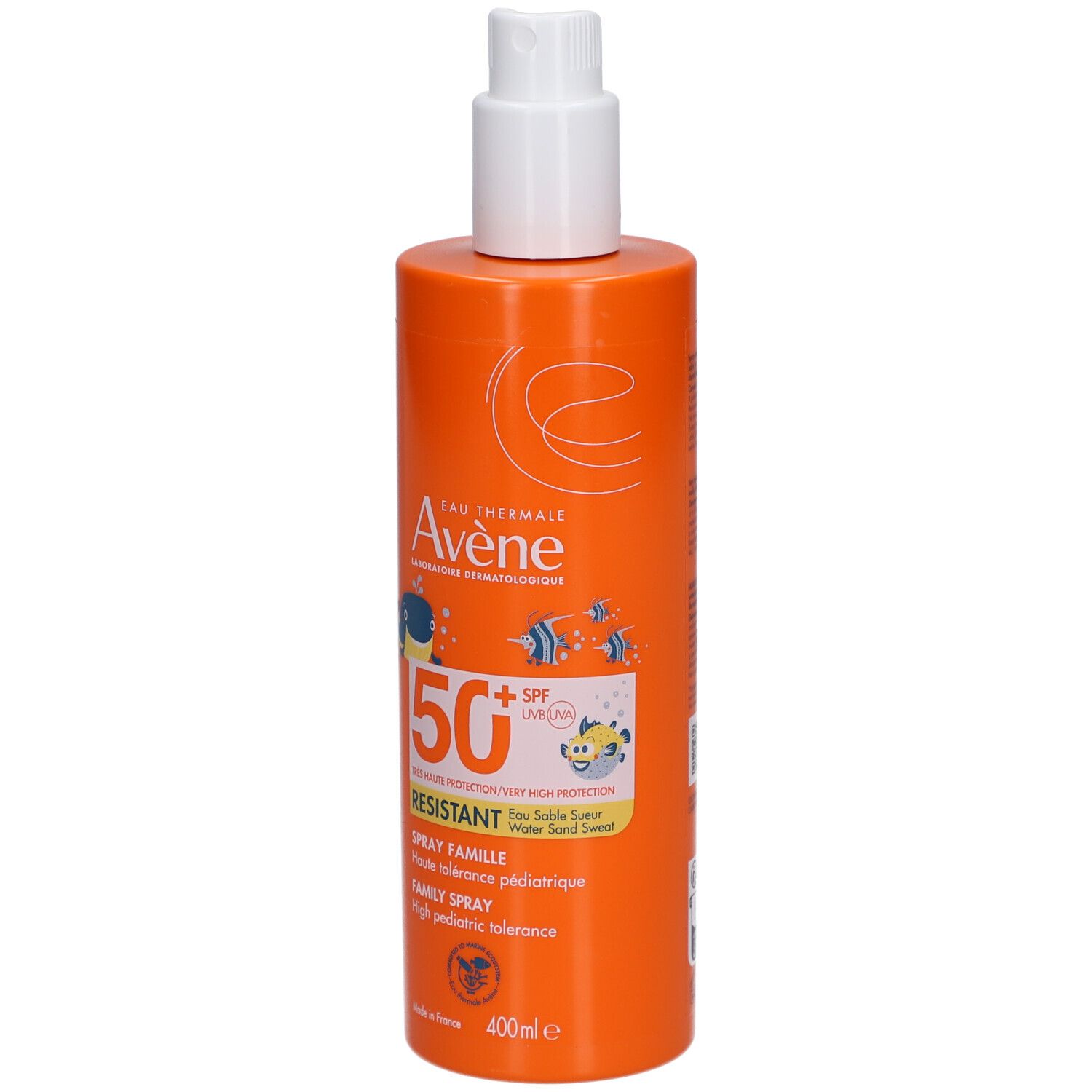 Orangefarbene Sprühflasche mit weißem Deckel. Text: Avène, 50+ SPF, Spray Famille, 400ml.