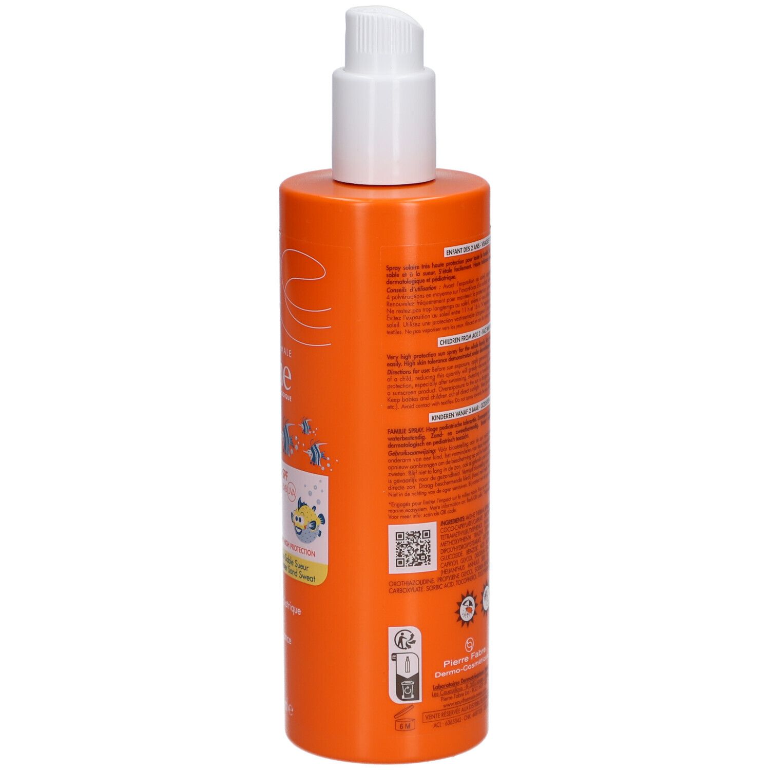 Rückseite einer orangefarbenen Sprühflasche. Text: Avène, Informationen, Barcode, Zertifizierungen.