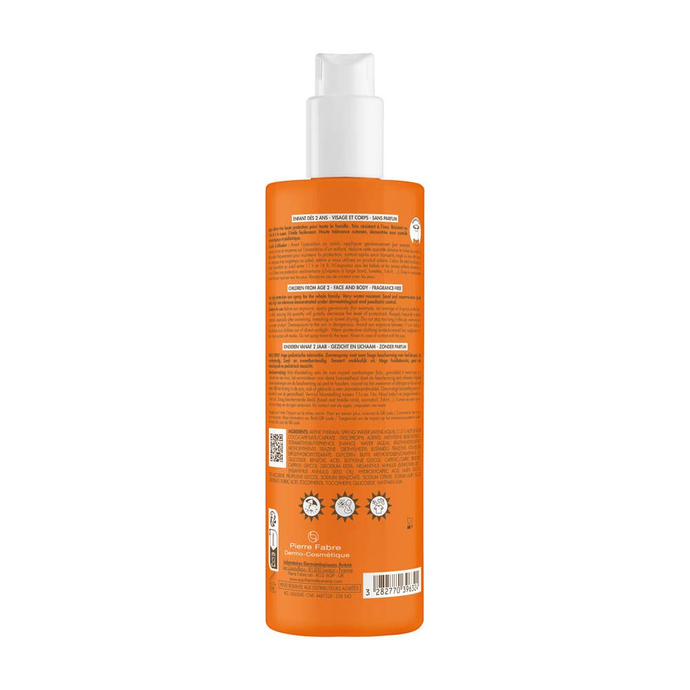 Dos d'un flacon spray orange. Texte : Avène, informations, code-barres, certifications.