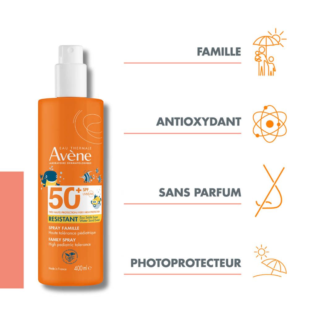 Flacon spray orange avec bouchon blanc. Texte : Avène, 50+ SPF, Spray Famille, 400ml.