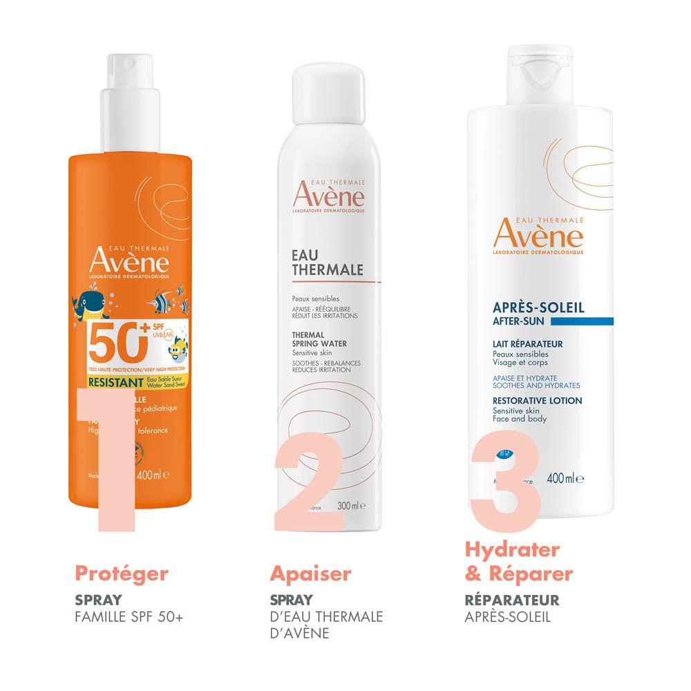 Dos d'un flacon spray orange. Texte : Avène, informations, code-barres, certifications.