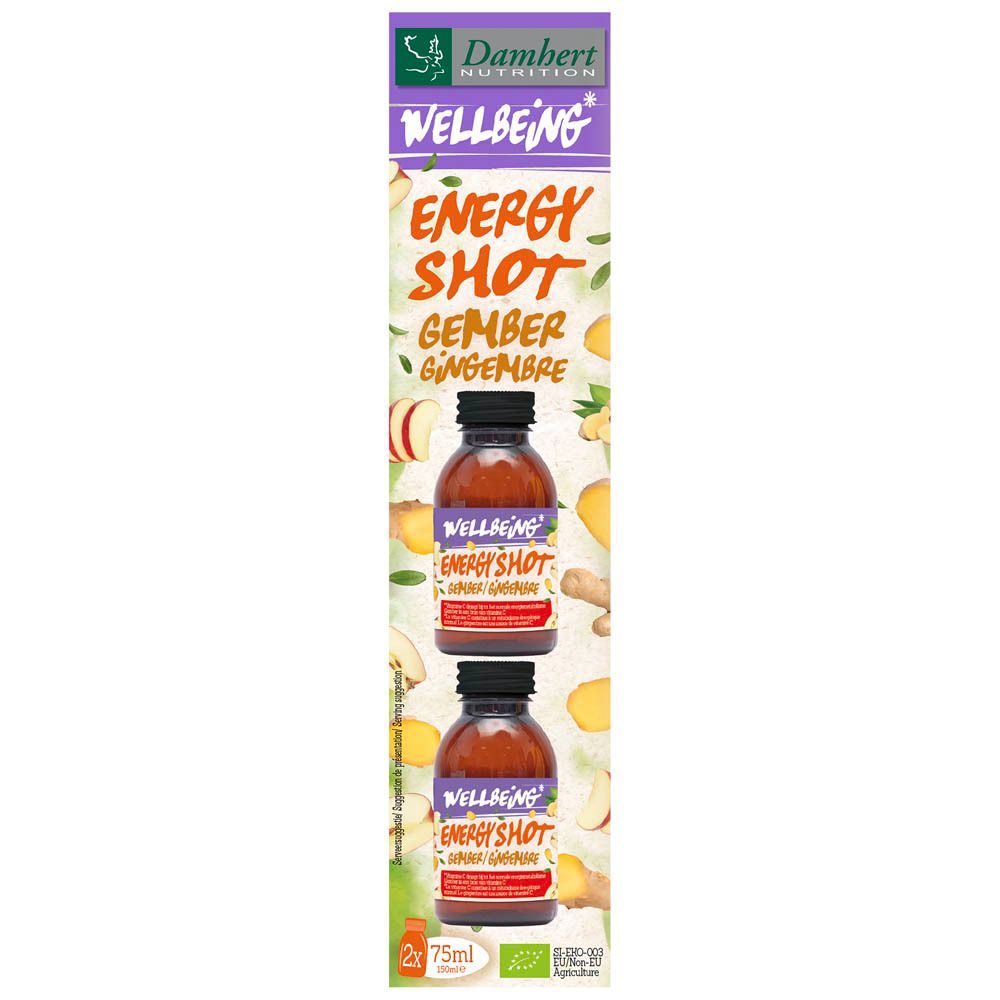 Energy Shot Gember. Zwei Flaschen in einer Verpackung. Produktname und Logo von Damhert Wellbeing. 2x75ml.