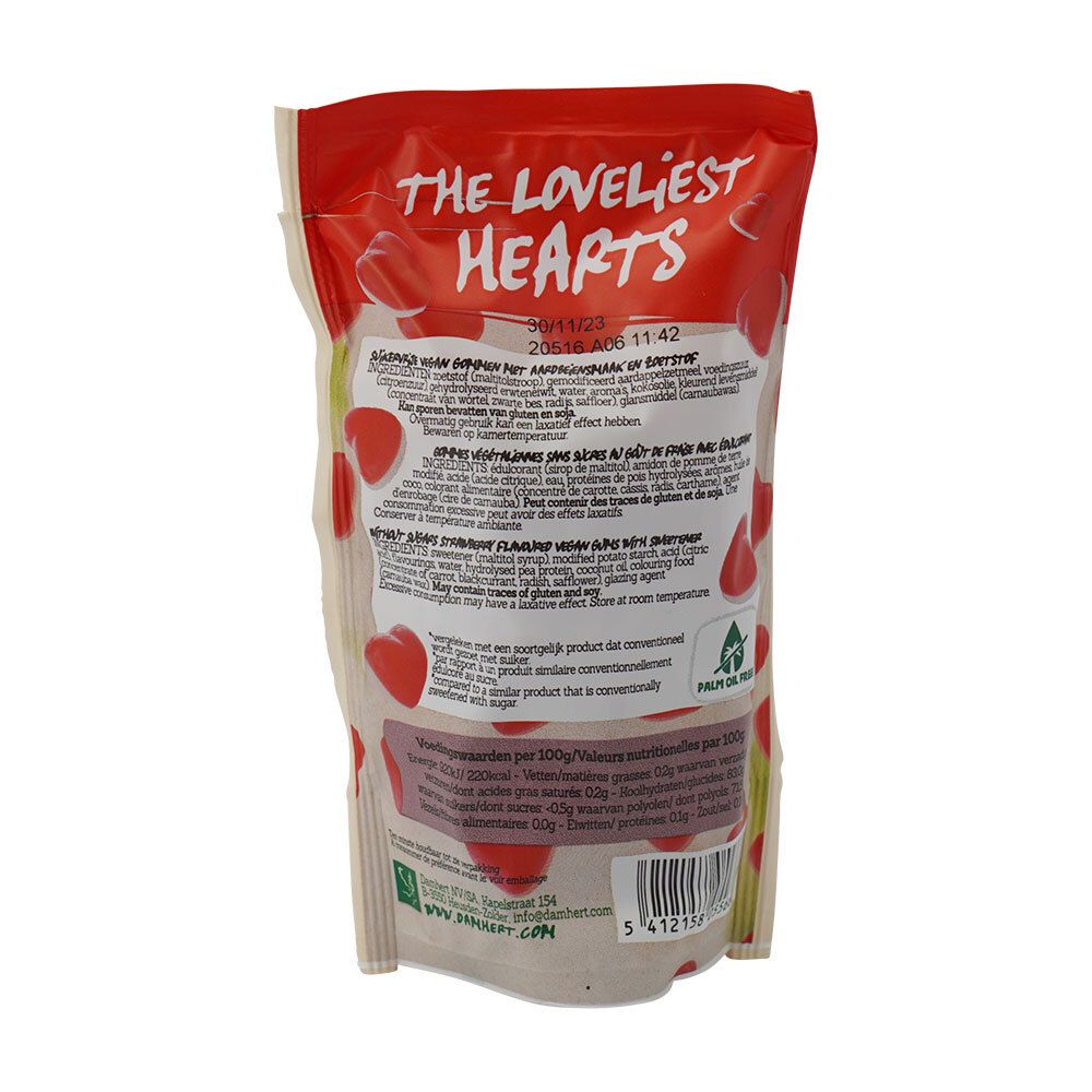 Dos de l'emballage avec texte et bonbons rouges en forme de cœur. Inscription : The loveliest Hearts. Informations sur les ingrédients et la valeur nutritionnelle.