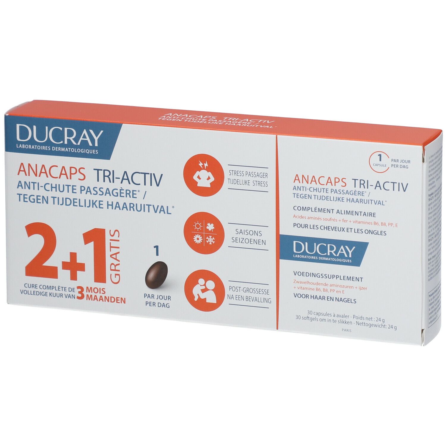 Boîte DUCRAY Anacaps Tri-Activ. 2+1 gratuit. Contient 30 gélules. Pour cheveux et ongles. Contre la chute de cheveux temporaire.