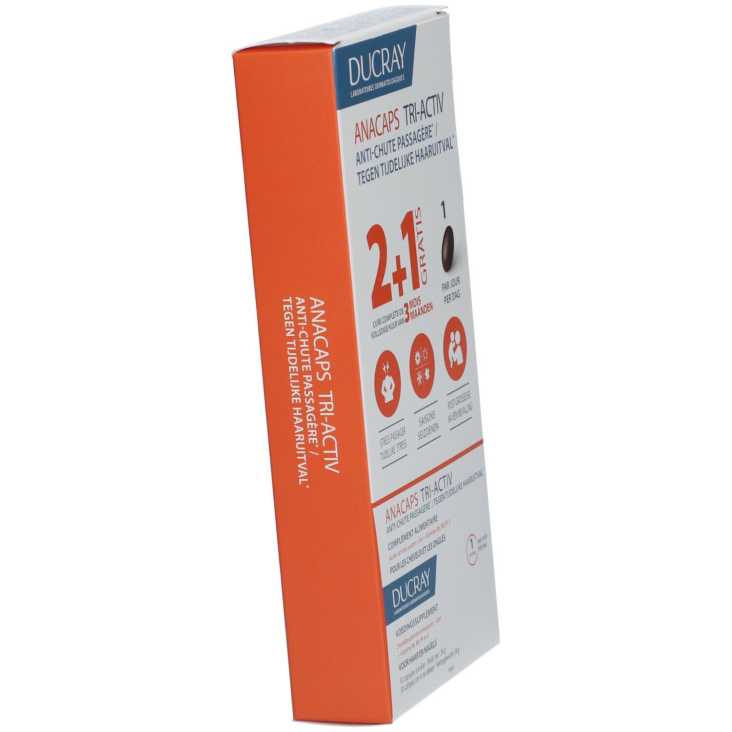 Boîte DUCRAY Anacaps Tri-Activ, en biais. 2+1 gratuit. Contient 30 gélules. Pour cheveux et ongles. Contre la chute de cheveux temporaire.
