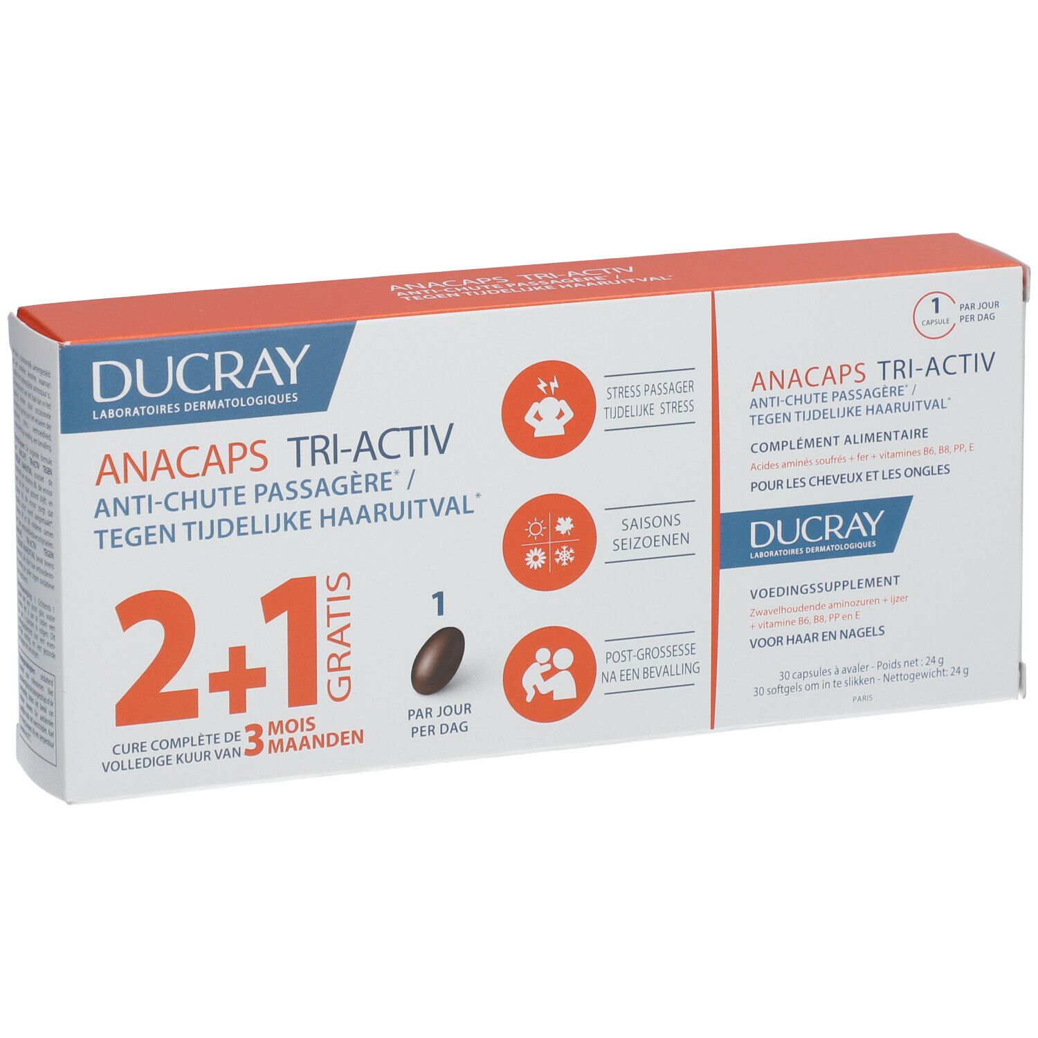 Boîte DUCRAY Anacaps Tri-Activ. 2+1 gratuit. Contient 30 gélules. Pour cheveux et ongles. Contre la chute de cheveux temporaire.