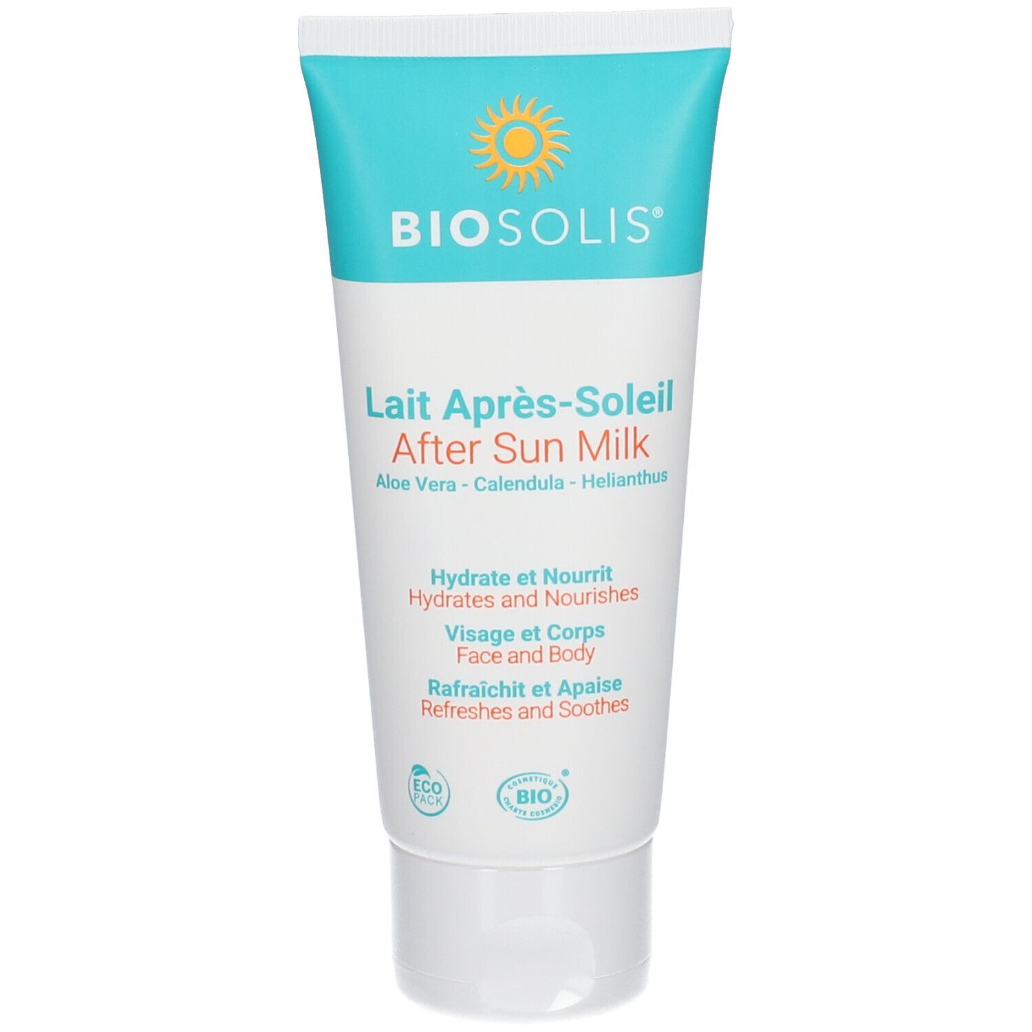 Tube de Lait Après-Soleil. Design turquoise et blanc. Texte: BIOSOLIS, Aloe Vera, Calendula, Helianthus. Certifications écologiques.