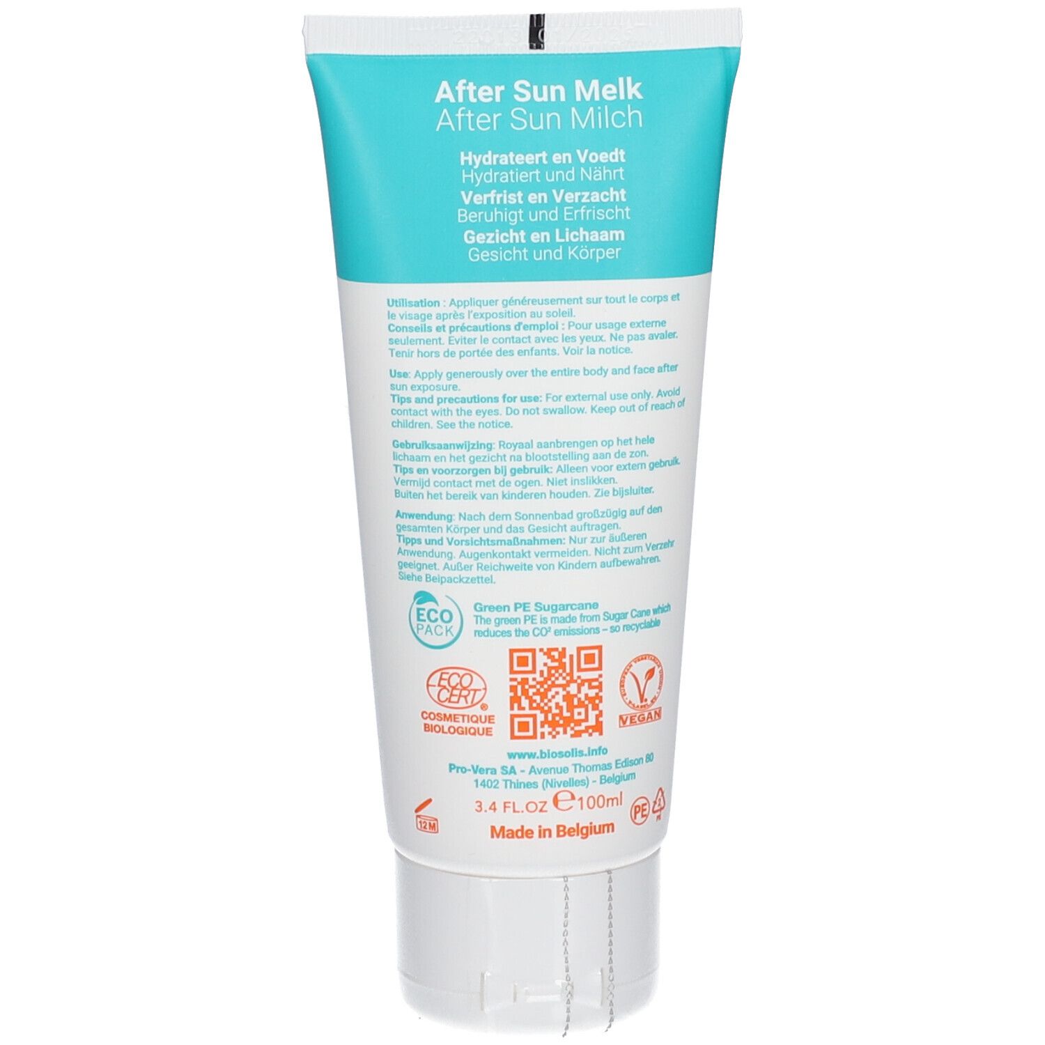 Dos du tube de Lait Après-Soleil. Texte: After Sun Melk, Hydrateert en Voedt, Visage et Corps. Certifications écologiques, QR code.