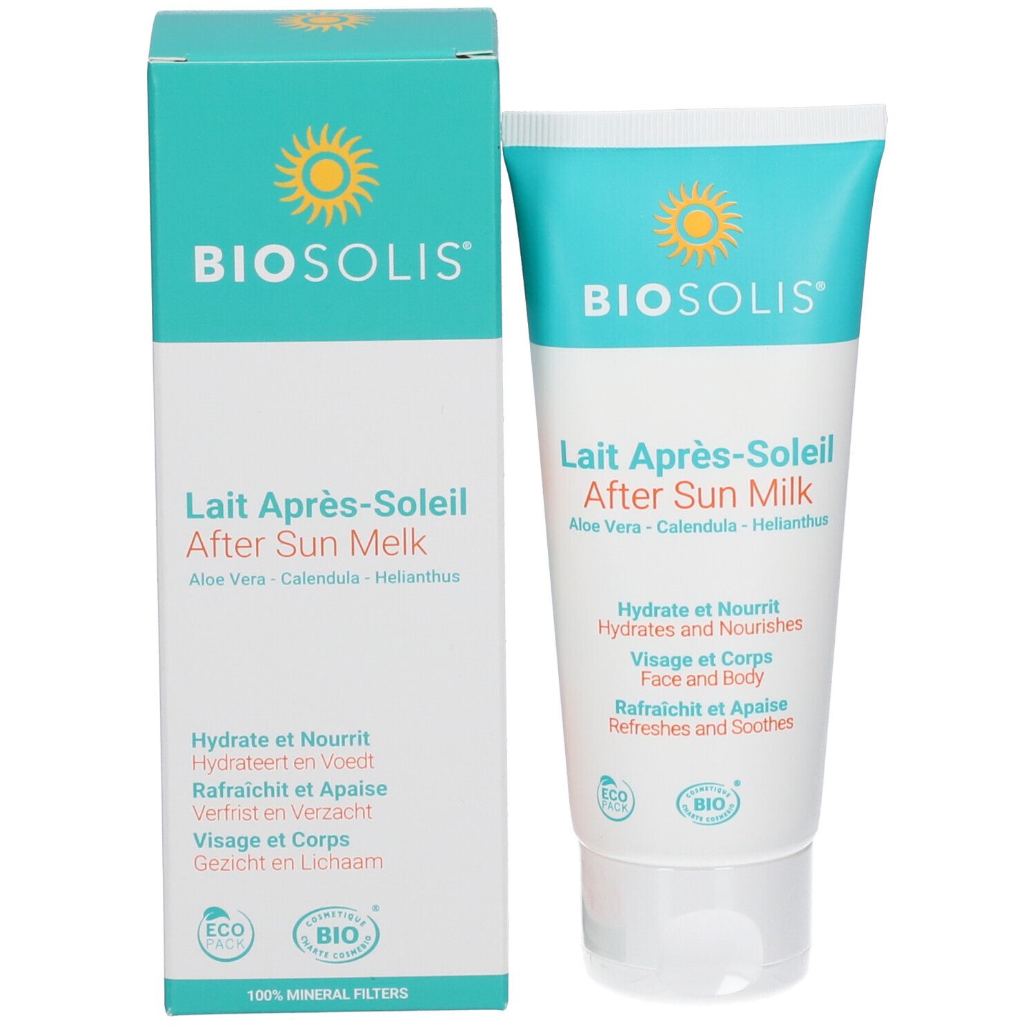 Emballage produit avec tube Lait Après-Soleil. Boîte et tube turquoise et blanc. Texte: BIOSOLIS, Lait Après-Soleil. Certifications éco.