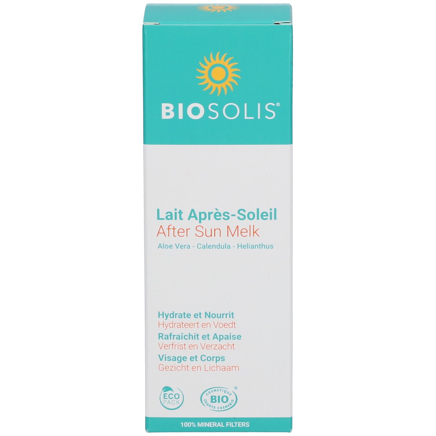 Boîte de Lait Après-Soleil. Design turquoise et blanc. Texte: BIOSOLIS, Lait Après-Soleil, Aloe Vera, Calendula, Helianthus. Éco-certifications.
