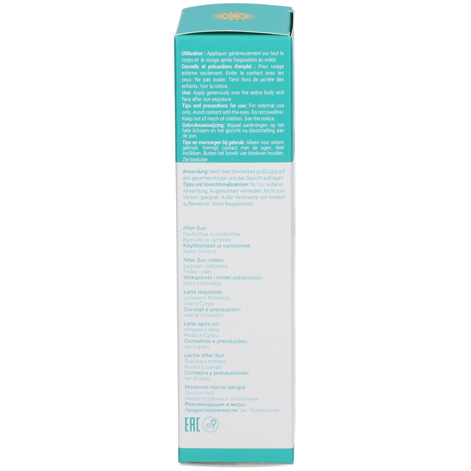 Côté de la boîte de Lait Après-Soleil. Texte: Mode d'emploi, ingrédients, certifications éco, QR code. Design turquoise et blanc.