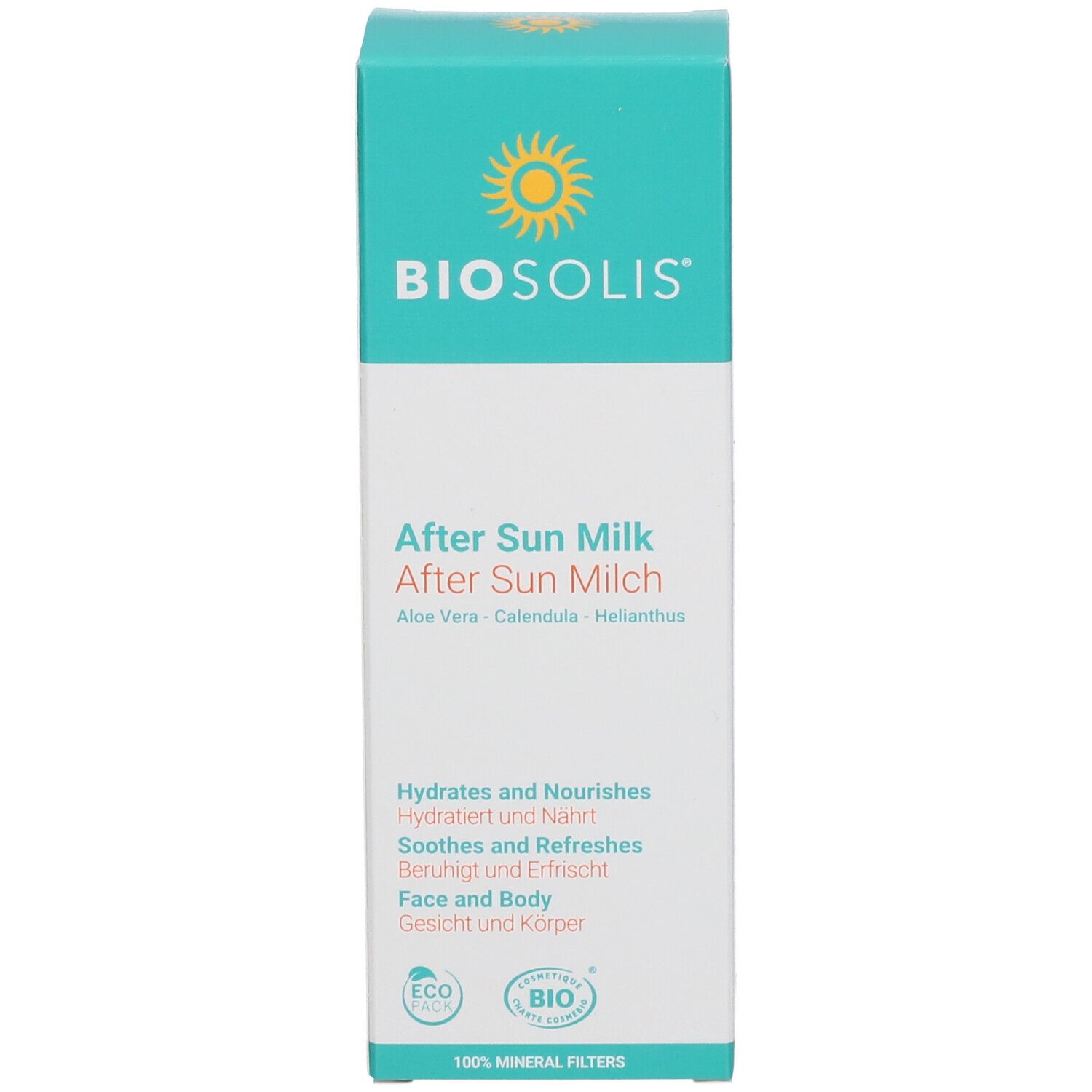 Boîte de Lait Après-Soleil. Design turquoise et blanc. Texte: BIOSOLIS, After Sun Milk, Aloe Vera, Calendula, Helianthus. Éco-certifications.