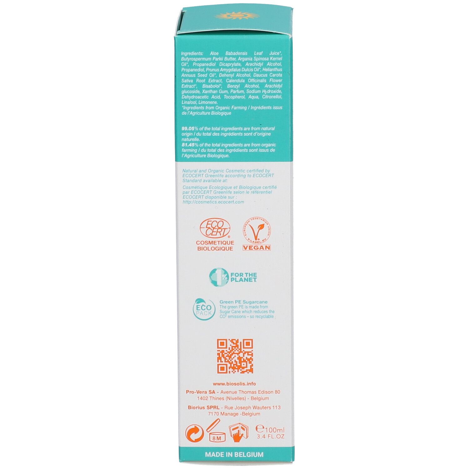 Dos de la boîte de Lait Après-Soleil. Texte: Ingrédients, certifications éco, QR code, logo Vegan. Design turquoise et blanc.