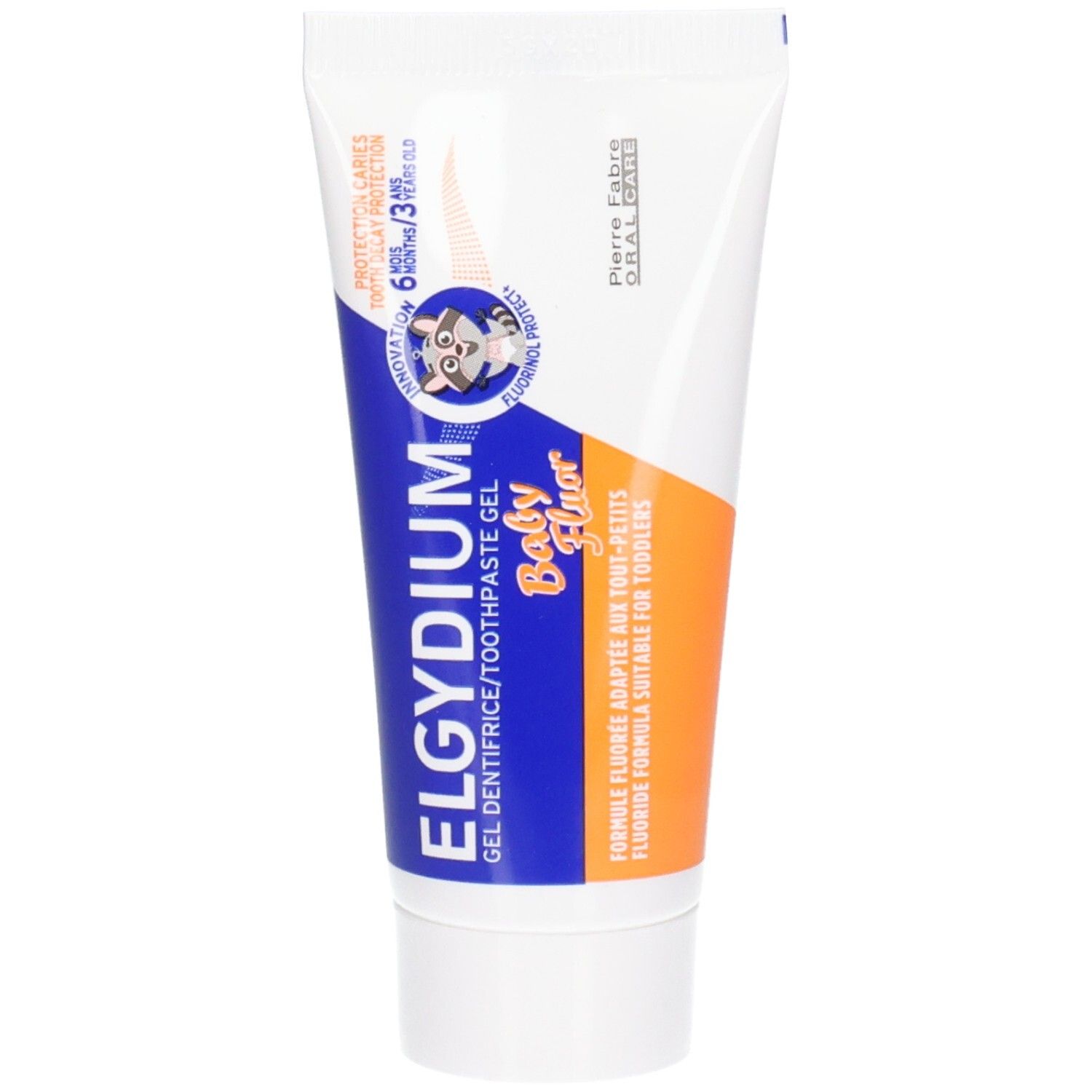 Tube de gel dentifrice Elgydium Baby Fluor avec sceau de protection et informations sur la protection de l'émail.