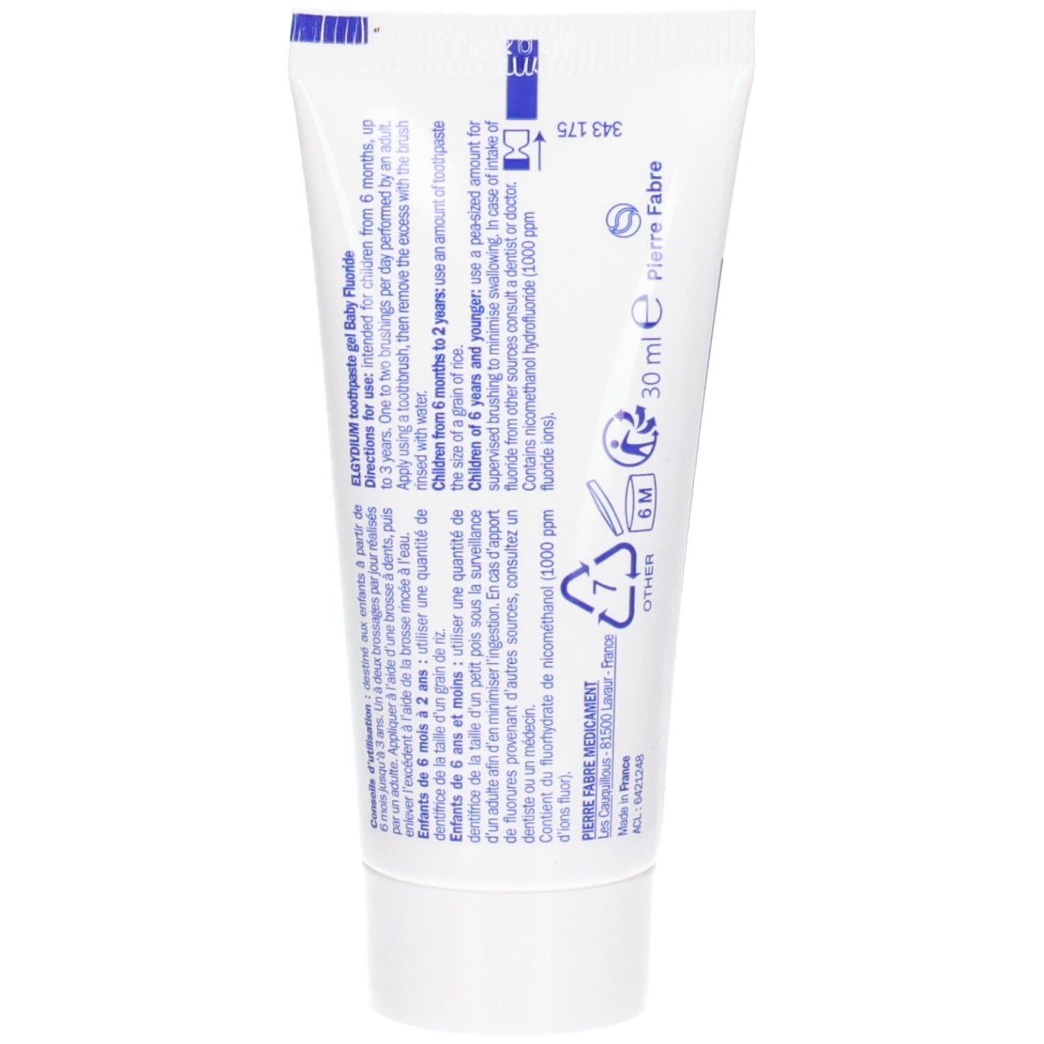 Arrière du tube de gel dentifrice Elgydium Baby Fluor avec instructions d'utilisation et ingrédients.