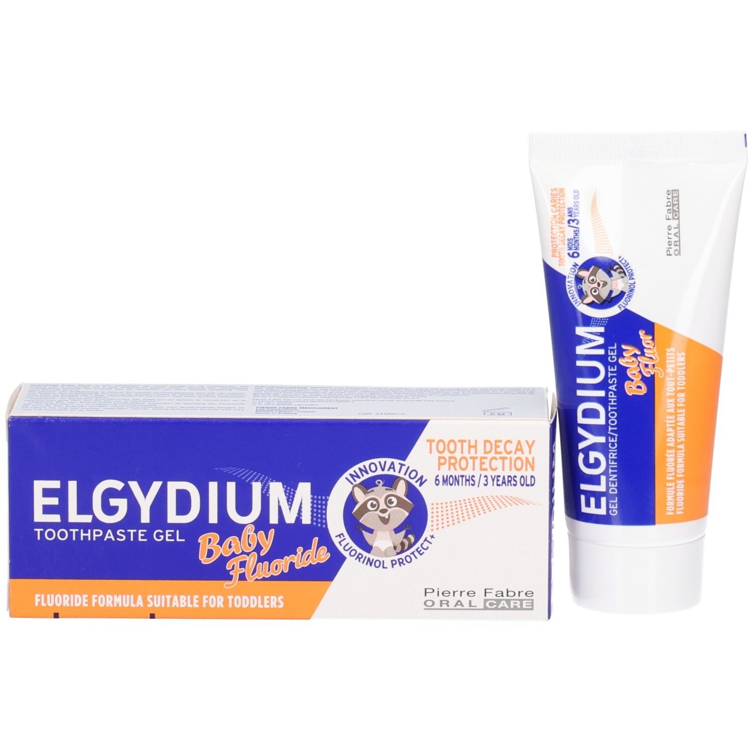 Tube de gel dentifrice Elgydium Baby Fluor et sa boîte d'emballage, tous deux avec informations sur la protection contre les caries.