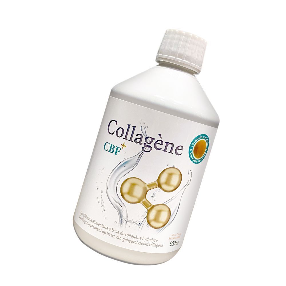 Bouteille blanche avec "Collagen" et logo CBF+. Contient du collagène hydrolysé. Éléments dorés et aquatiques. 500ml.