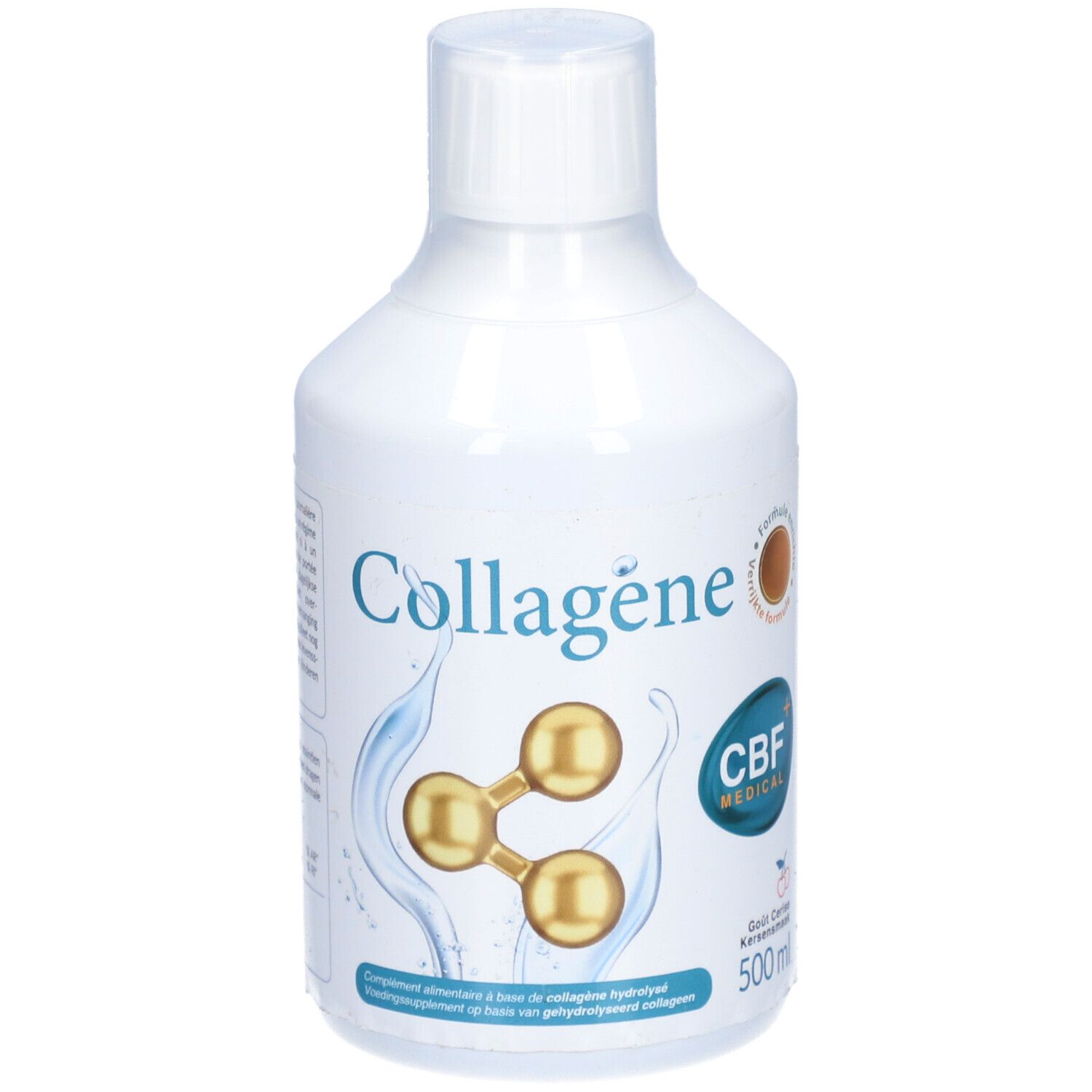 Weiße Flasche mit "Collagen"-Aufdruck, CBF Medical Logo und 500ml. Enthält hydrolysiertes Kollagen. Wasser- und Goldfarbene Elemente.