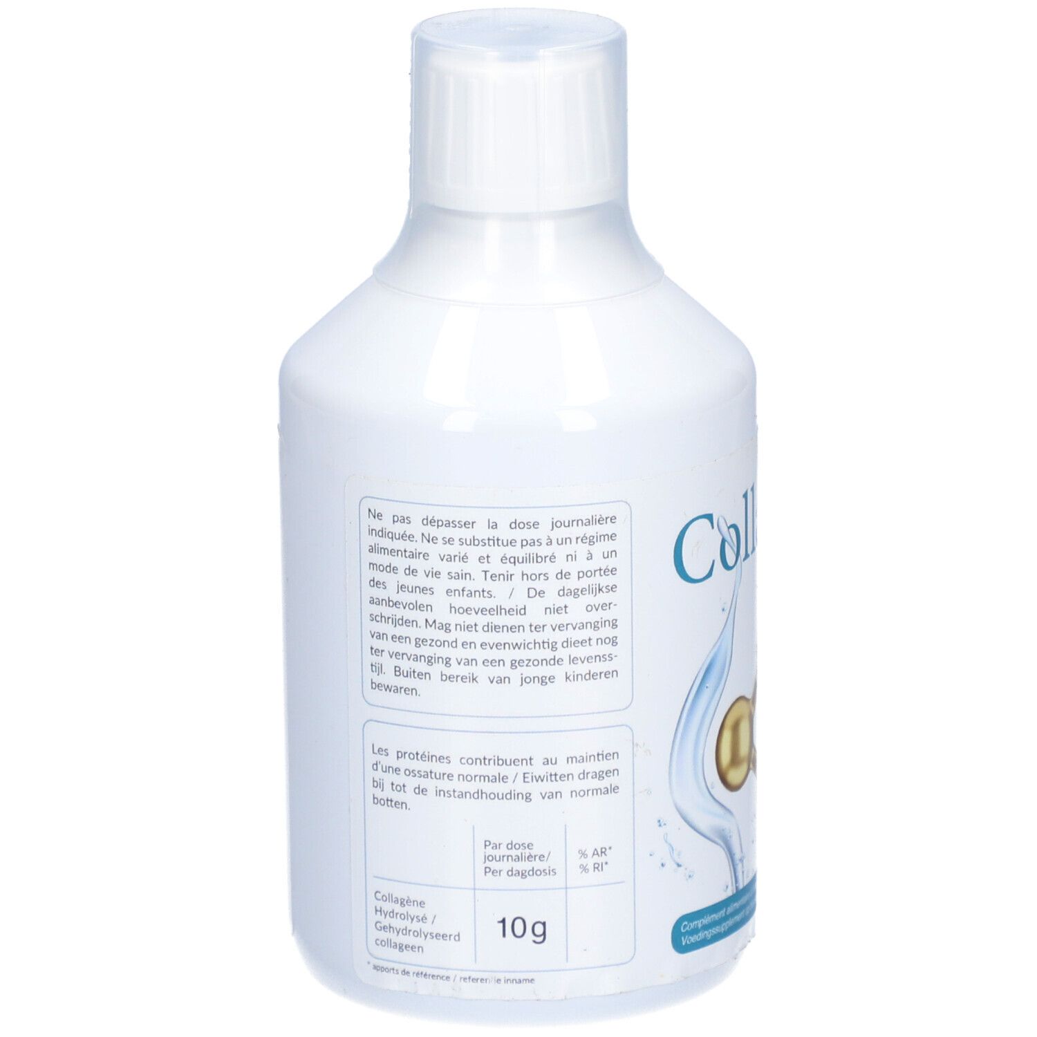 Rückseite der weißen Flasche. Enthält Informationen über die Inhaltsstoffe und Nährwertangaben. 10g Kollagen pro Portion.