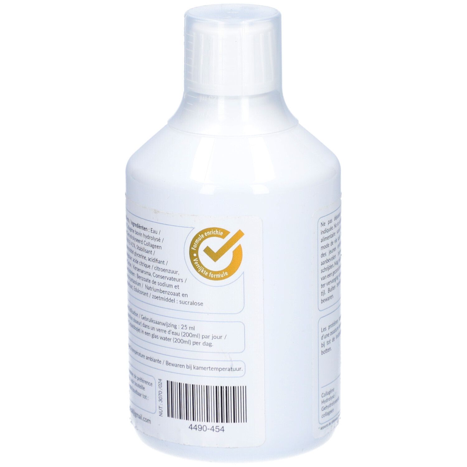 Rückseite der weißen Flasche. Enthält Inhaltsstoffe, Dosierung und Haltbarkeitsinformationen. Mit einem Qualitätssiegel.