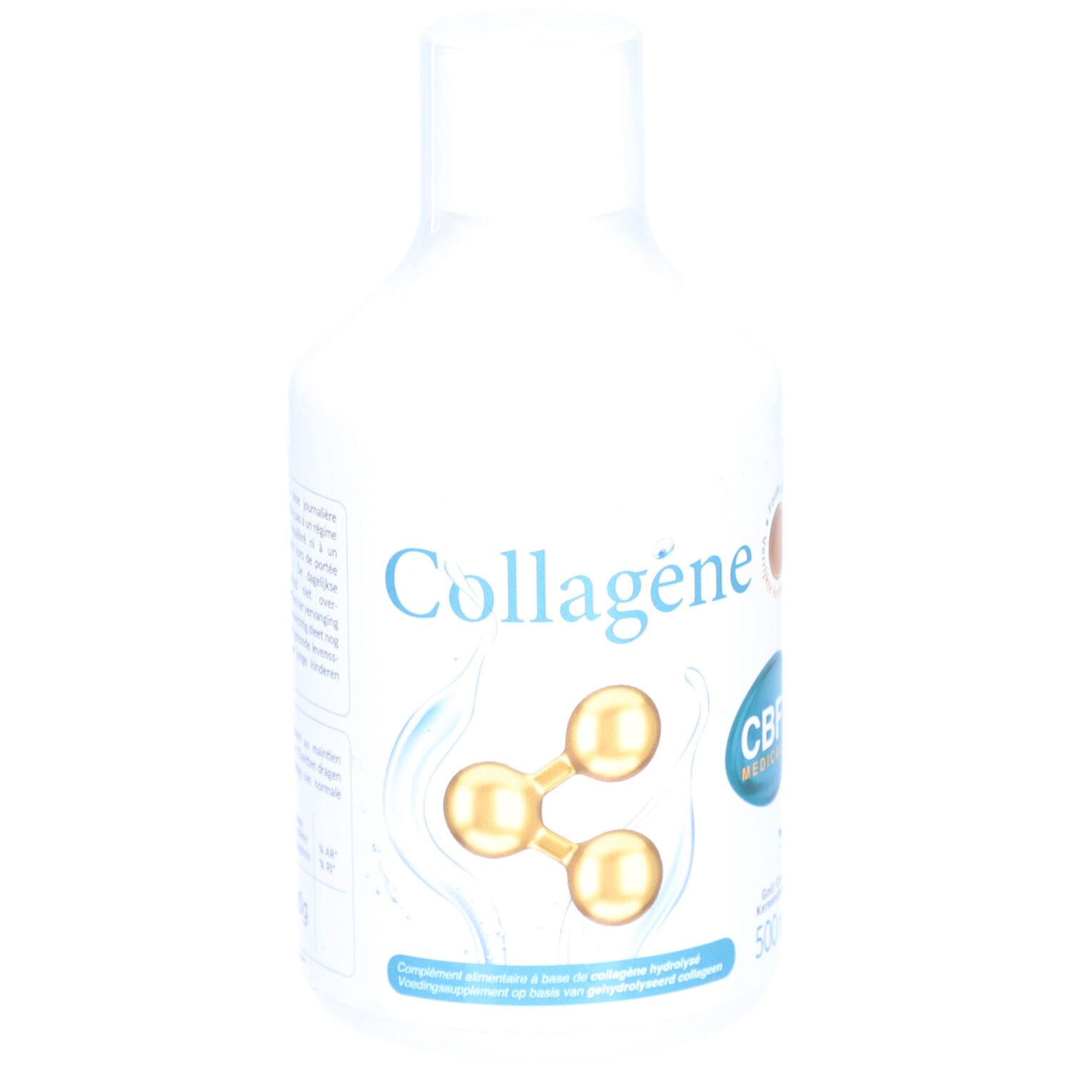 Weiße Flasche mit "Collagen"-Aufdruck, CBF Medical Logo und 500ml. Enthält hydrolysiertes Kollagen. Wasser- und Goldfarbene Elemente.