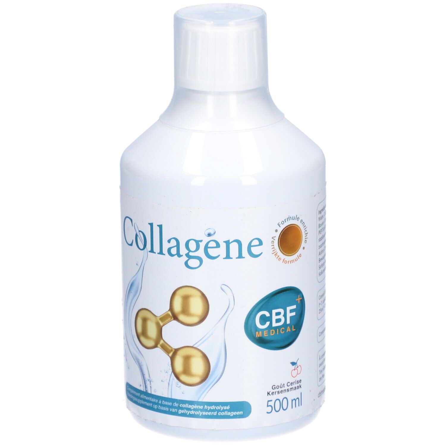 Weiße Flasche mit "Collagen"-Aufdruck, CBF Medical Logo und 500ml. Kirschgeschmack. Enthält hydrolysiertes Kollagen.